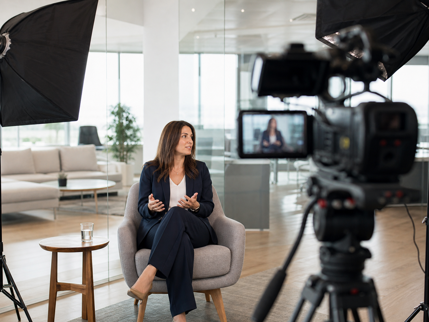 Ripresa di un'intervista aziendale in ufficio con luci softbox e camera in primo piano