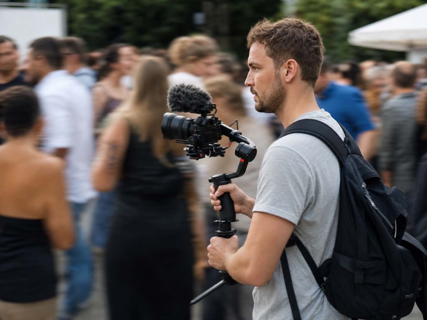 Videomaker che riprende un evento dal vivo con camera a mano tra i partecipanti