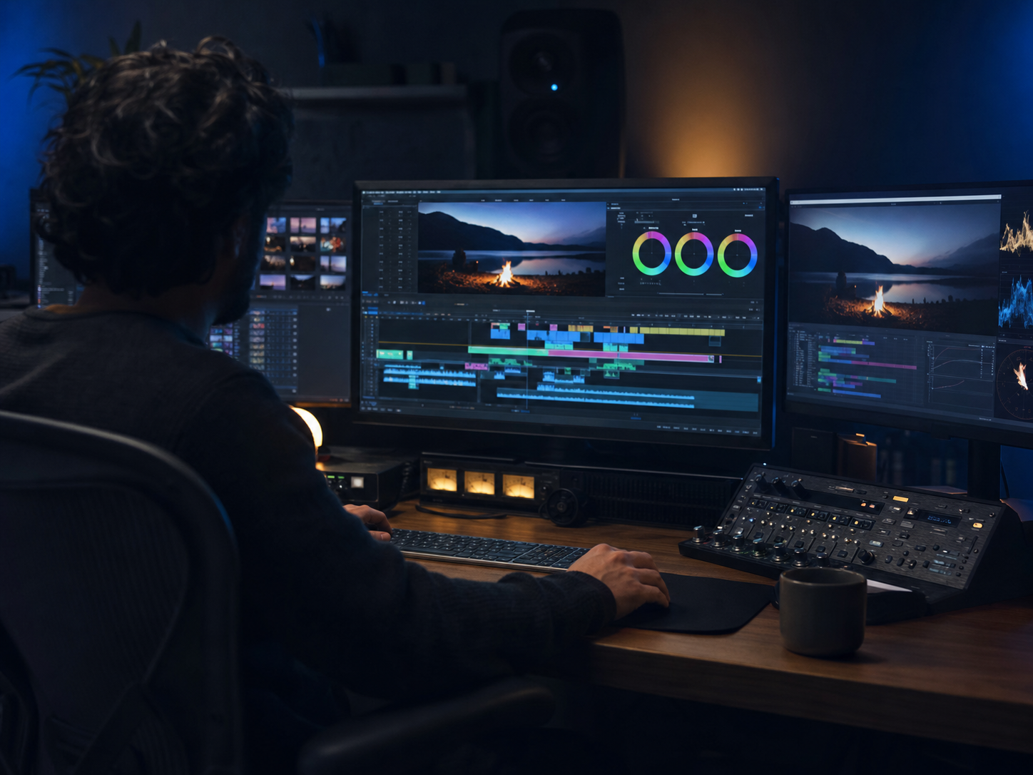 Editor al lavoro su più monitor durante il montaggio e color grading di un video