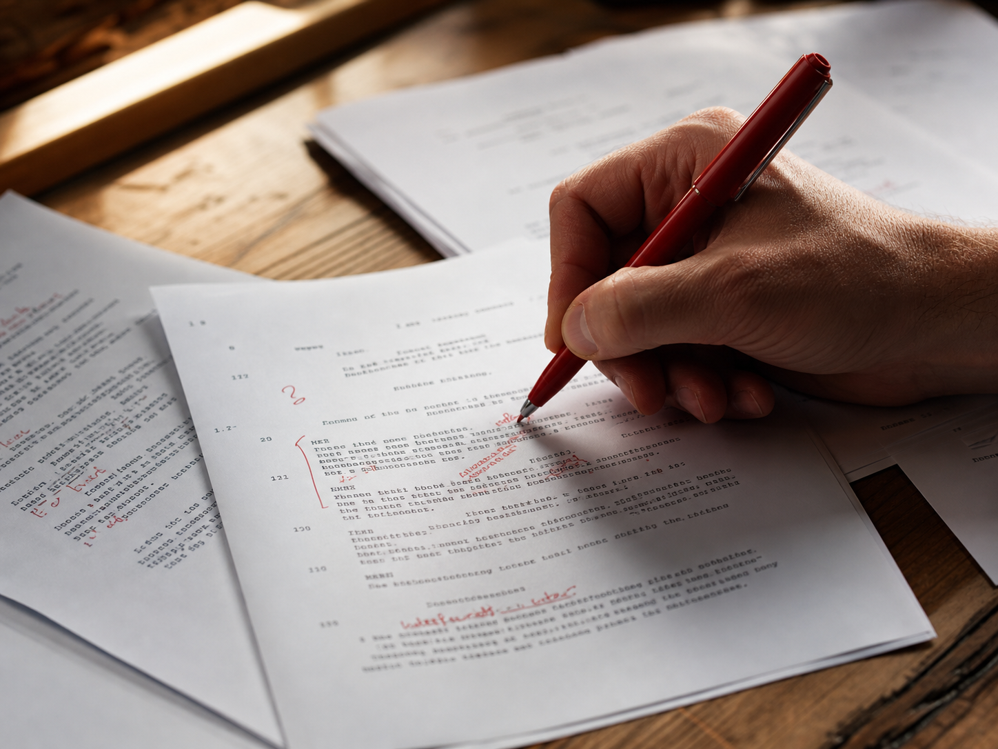 Mano che annota con penna rossa una pagina di copione stampata, pagine sparse sul tavolo